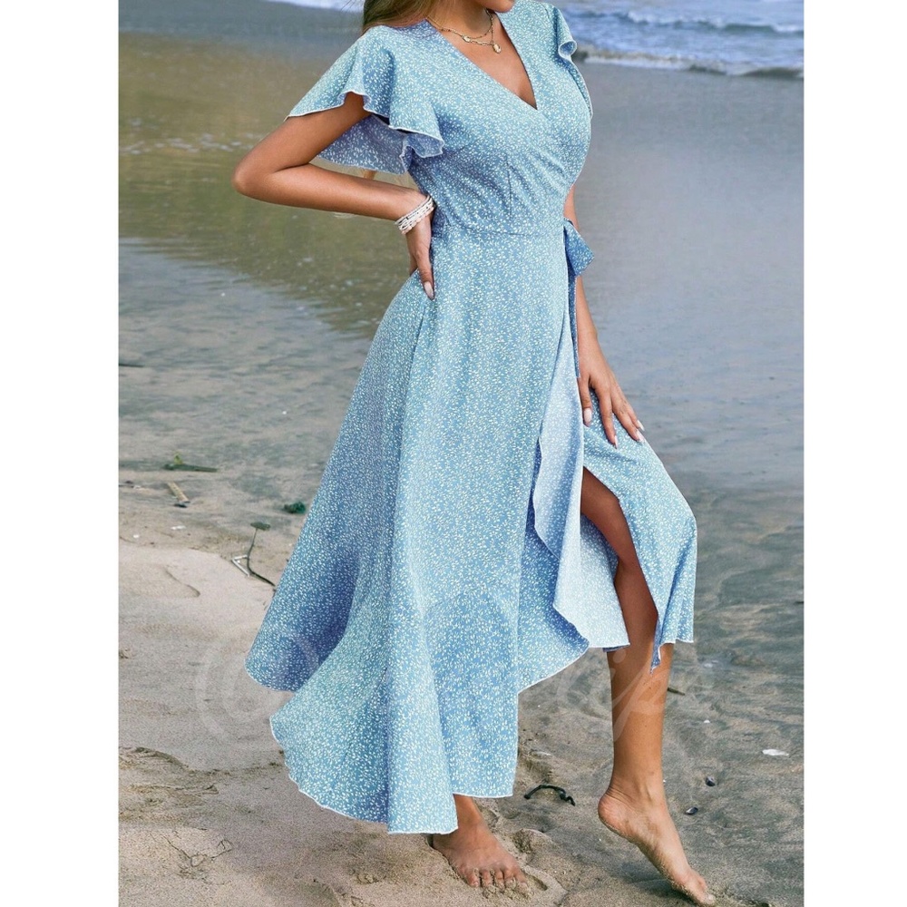 Boho Light Blue Floral Dress  V neck Ruffle Hem Ankle Length, A Line Wrap Style - Picture 3 of 8